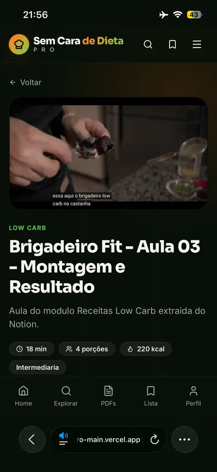 Tela do aplicativo Pro com receita de doce fit