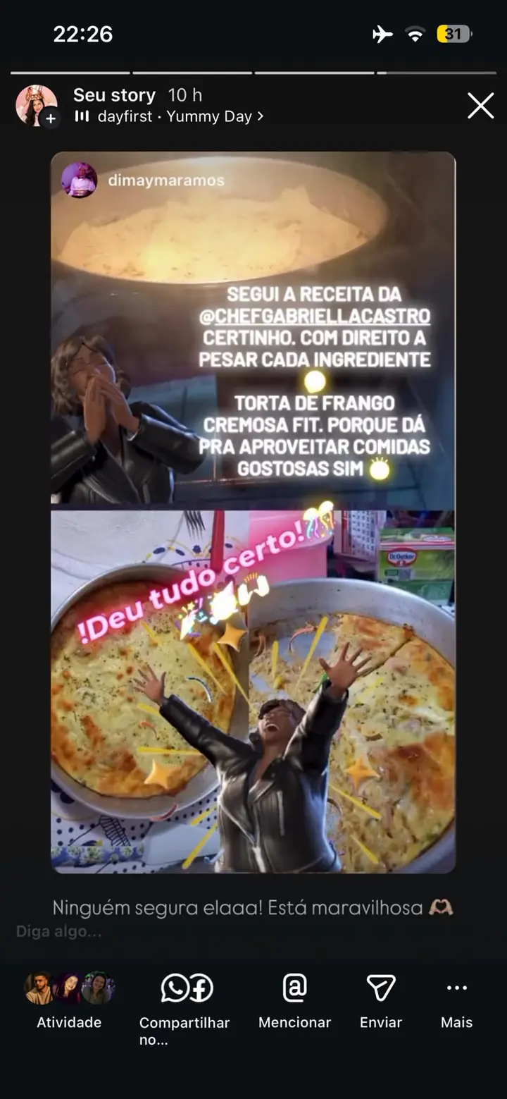 Story de aluna mostrando torta de frango cremosa fit pronta