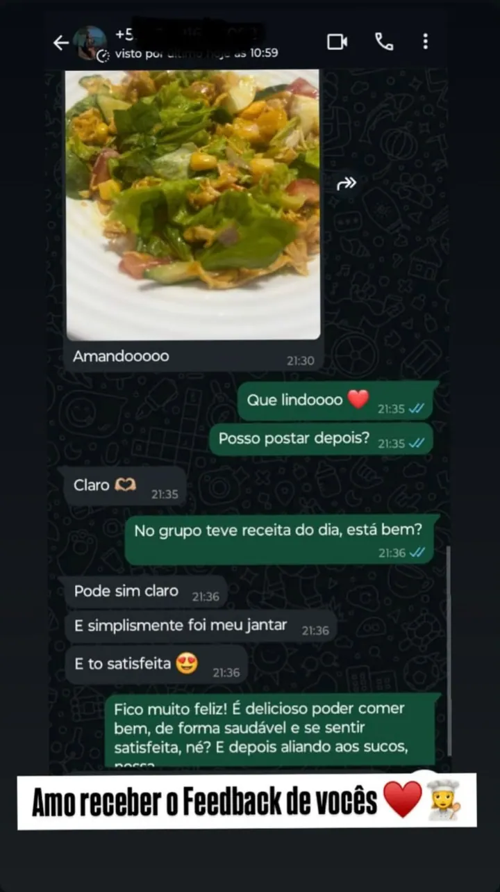 Feedback de aluna satisfeita com receita do grupo