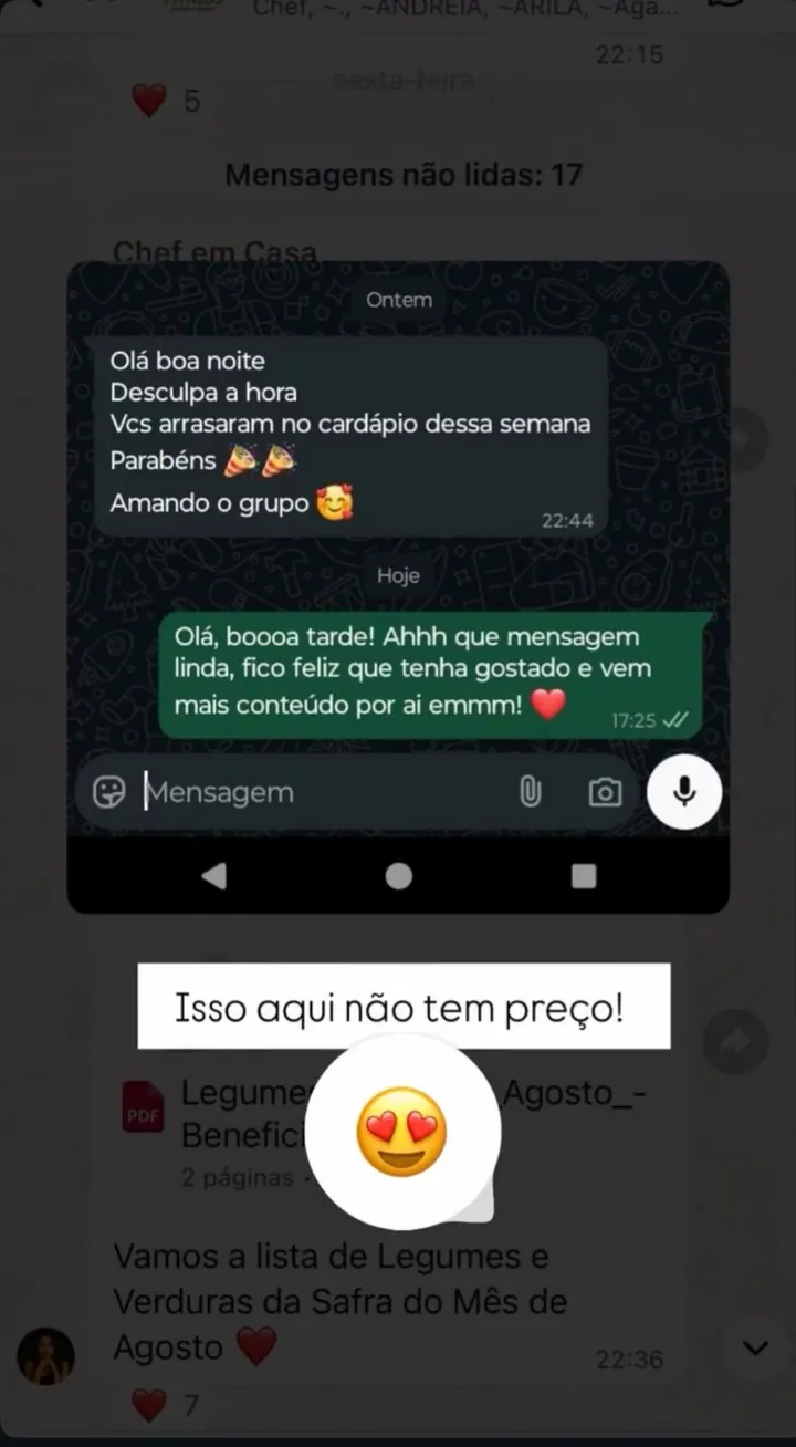 Mensagem elogiando o cardápio e o grupo Chef em Casa