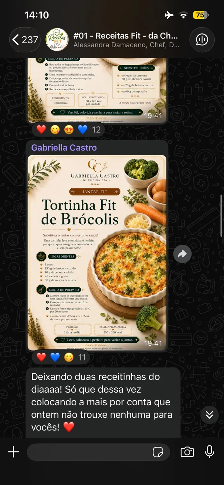 Print do grupo exclusivo com receita de tortinha fit