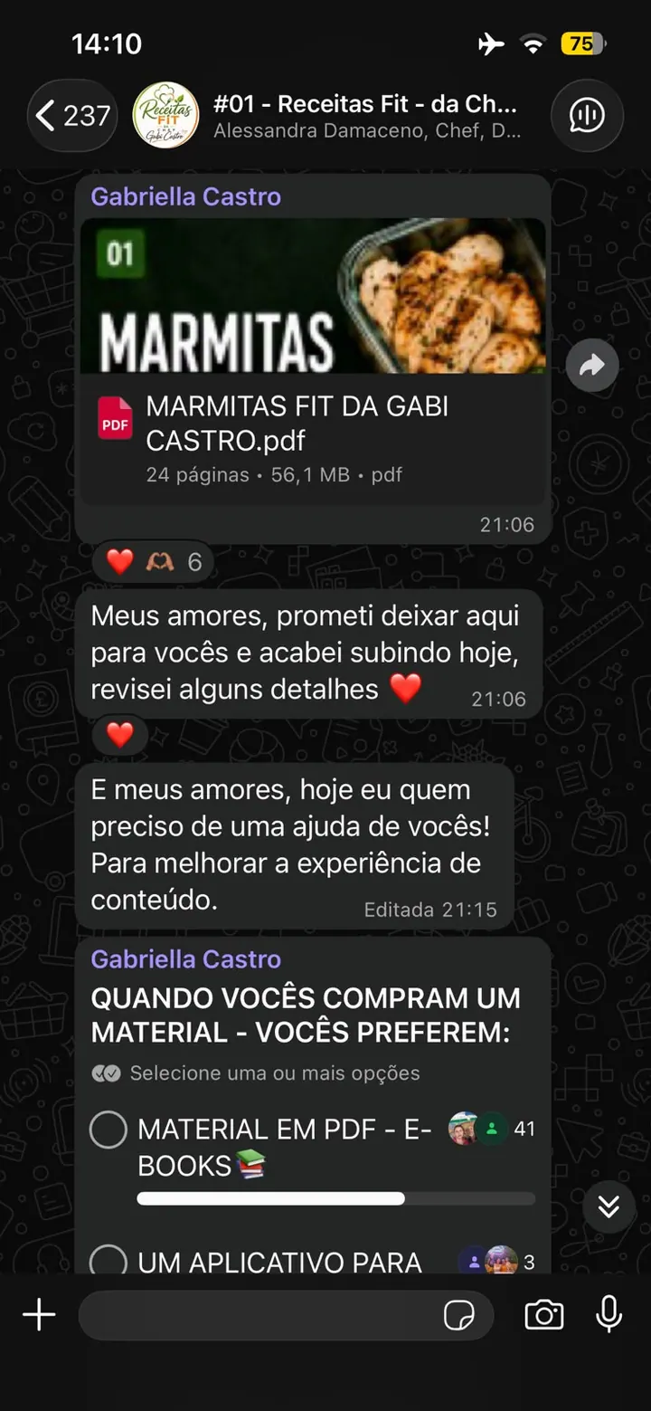 Print do grupo com material de marmitas fit e enquete