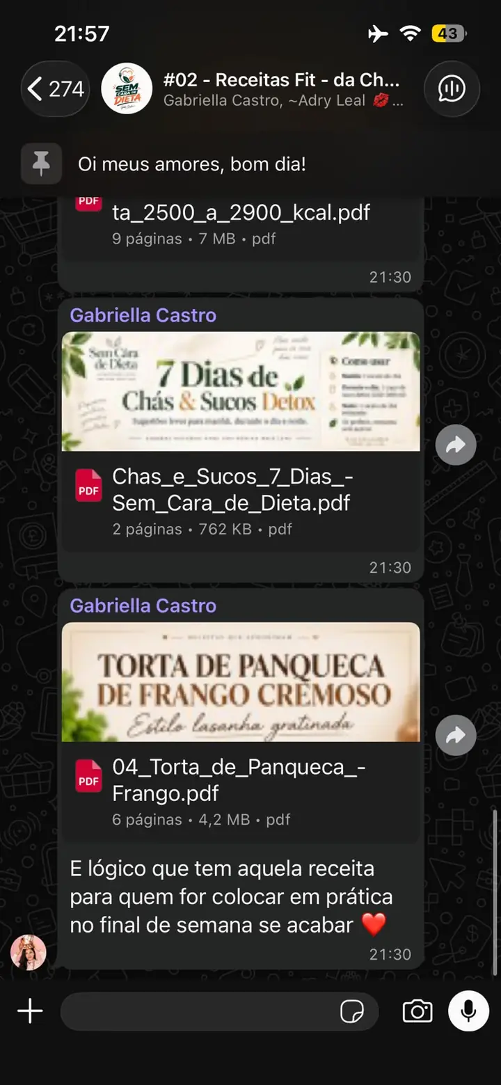 Print do grupo VIP com chás, sucos detox e torta de frango cremosa